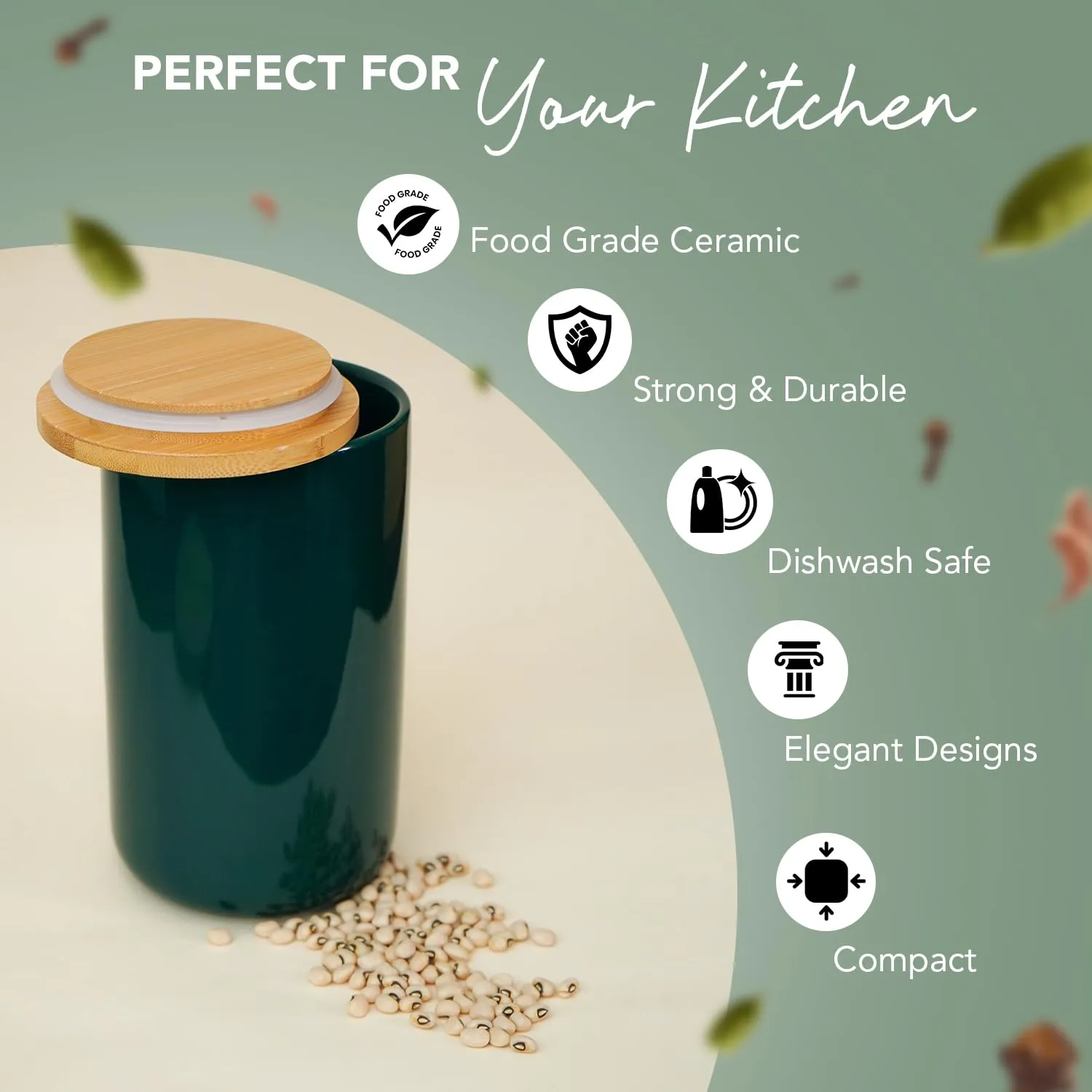Ekhasa Ceramic Jar with Bamboo Lid for Multipurpose Kitchen Storage (1000ml, Green) | Airtight Storage Jar for Kitchen | Tea, Coffee, Sugar, Snacks, Salt Container | Pickle Storage Barni