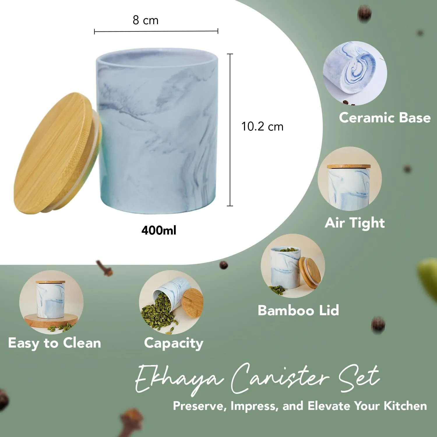Ekhasa Ceramic Jar with Bamboo Lid for Multipurpose Kitchen Storage (400 ml, Blue) | Airtight Container Jar for Kitchen | Tea, Coffee, Sugar, Snacks, Salt Container | Pickle Storage Barni