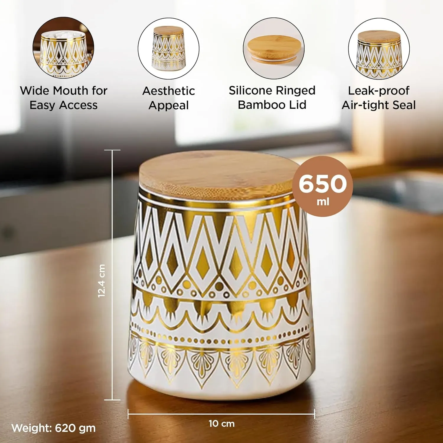 Ekhasa Ceramic Jars with Bamboo Lid & Holder for Multipurpose Storage (650ml, Set of 3) | Airtight Container Jar for Kitchen | Tea, Coffee, Sugar, Snacks, Salt Container | Pickle Storage Barni