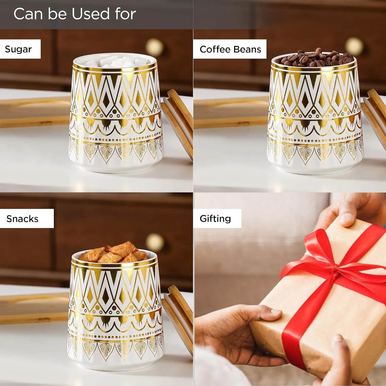 Ekhasa Ceramic Jars with Bamboo Lid & Holder for Multipurpose Storage (650ml, Set of 3) | Airtight Container Jar for Kitchen | Tea, Coffee, Sugar, Snacks, Salt Container | Pickle Storage Barni