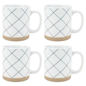 Elanze Designs Modern Plaid Raw Clay Bottom White 13 ounce Ceramic Coffee Mugs Set of 4