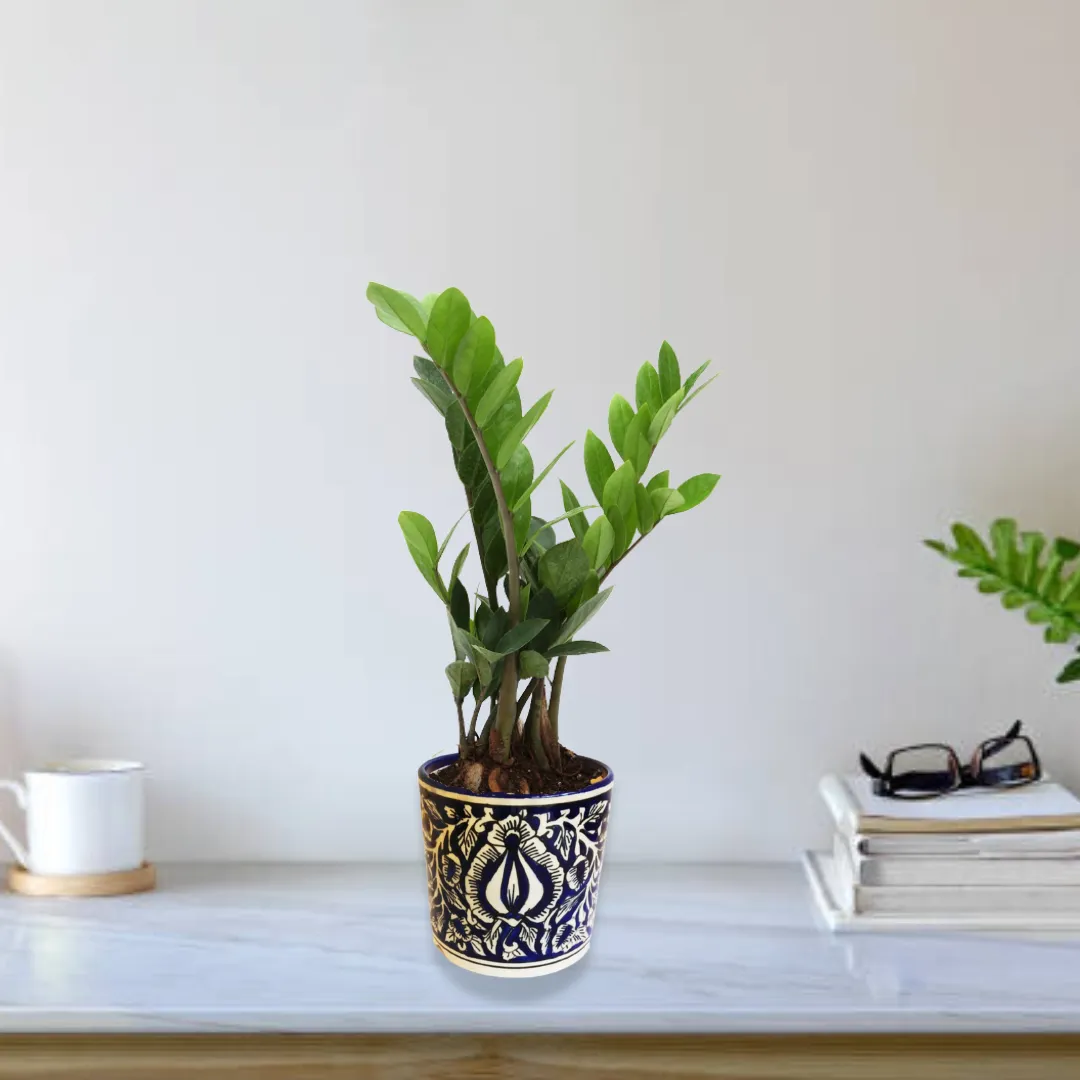 Exotic Green Mughal Floral Art Hand painted Blue Colour Ceramic Planter/ Pot for Live Plants