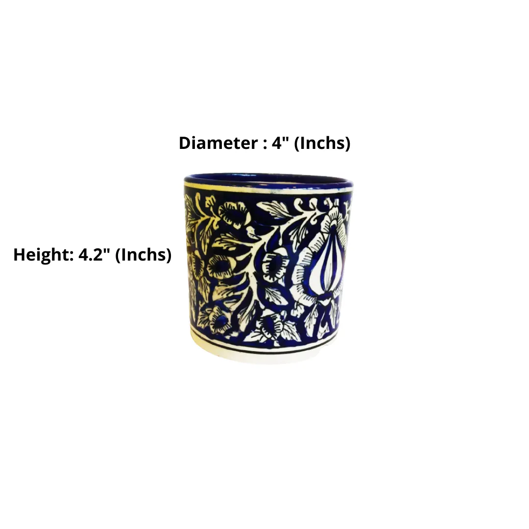 Exotic Green Mughal Floral Art Hand painted Blue Colour Ceramic Planter/ Pot for Live Plants