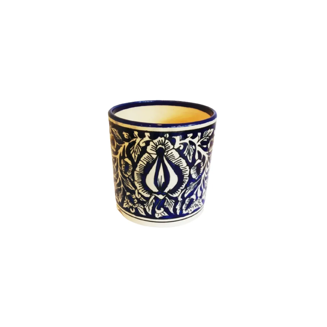 Exotic Green Mughal Floral Art Hand painted Blue Colour Ceramic Planter/ Pot for Live Plants