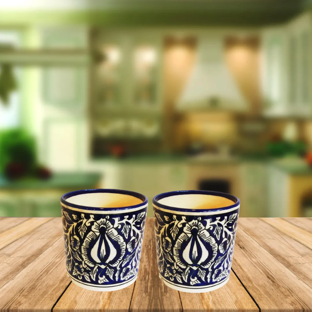 Exotic Green Mughal Floral Art Hand-Painted Blue Colour Ceramic Pot I Pot for Live Plants I Combo Pack Set of 2
