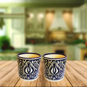 Exotic Green Mughal Floral Art Hand-Painted Blue Colour Ceramic Pot I Pot for Live Plants I Combo Pack Set of 2