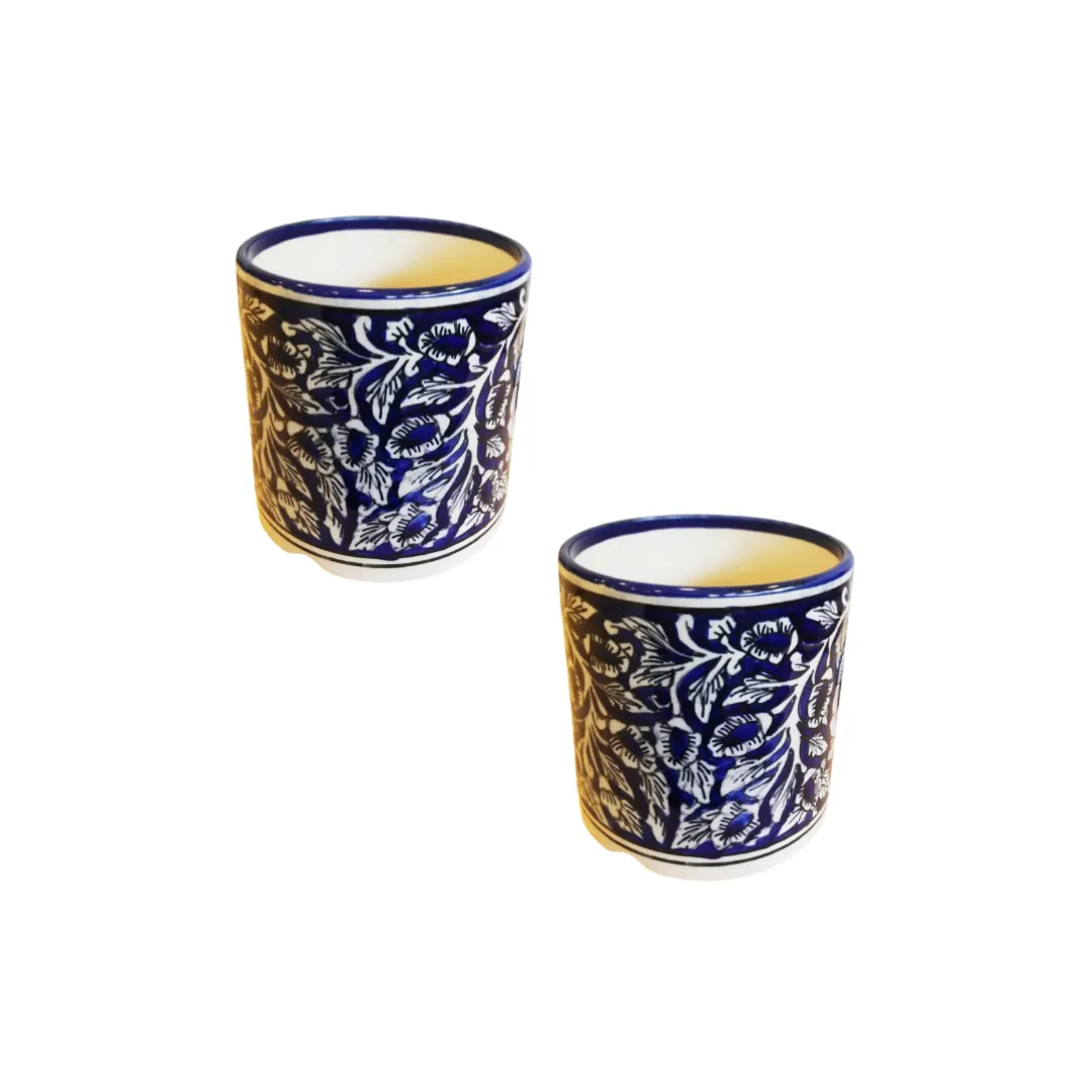 Exotic Green Mughal Floral Art Hand-Painted Blue Colour Ceramic Pot I Pot for Live Plants I Combo Pack Set of 2