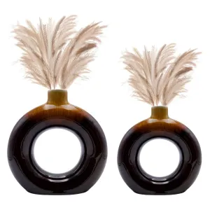 FarKraft Donut Ceramic Vase - Brown Color Vase/Flower Vase/Pampas Grass Vase/Ceramic Vase/Round Shaped Vase/Home Decor Centrepiece/Decor Showpiece Donut Vase 6 & 8 Inches (Pack of 2)