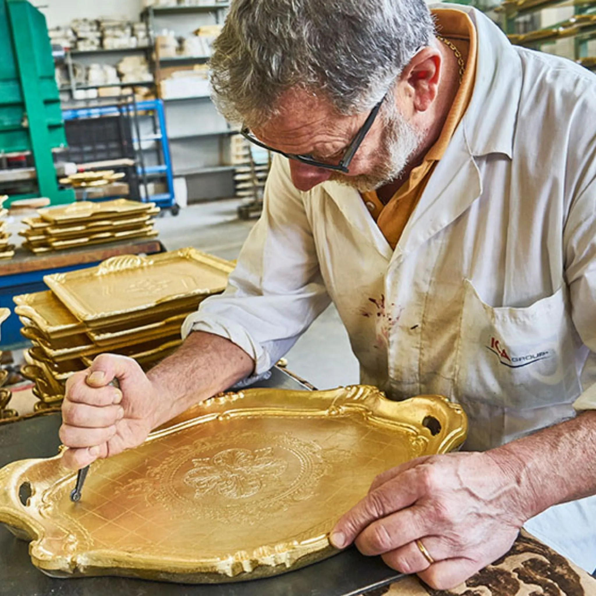 Florentine Carved Oval Scalloped Wood Tray with Handles