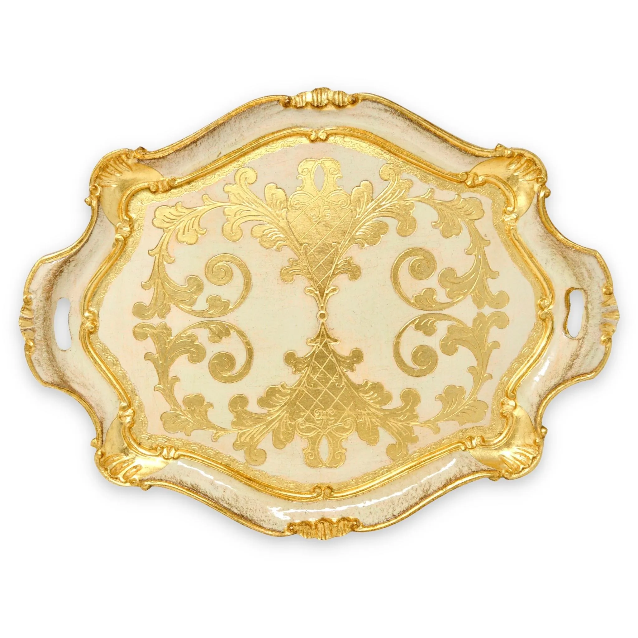 Florentine Carved Oval Scalloped Wood Tray with Handles