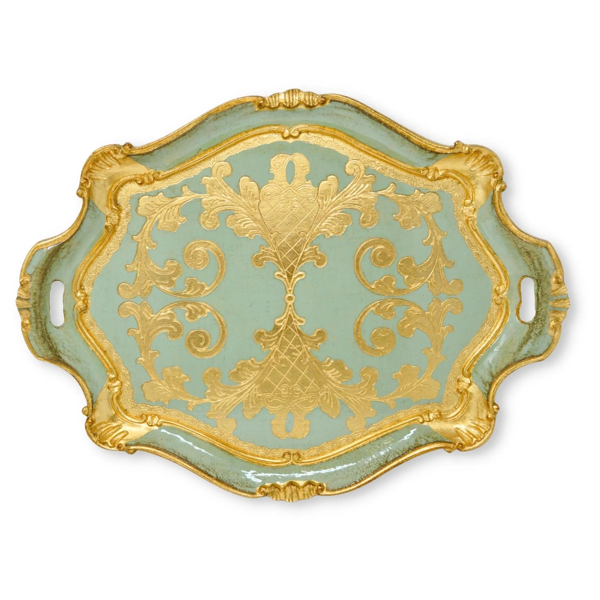 Florentine Carved Oval Scalloped Wood Tray with Handles