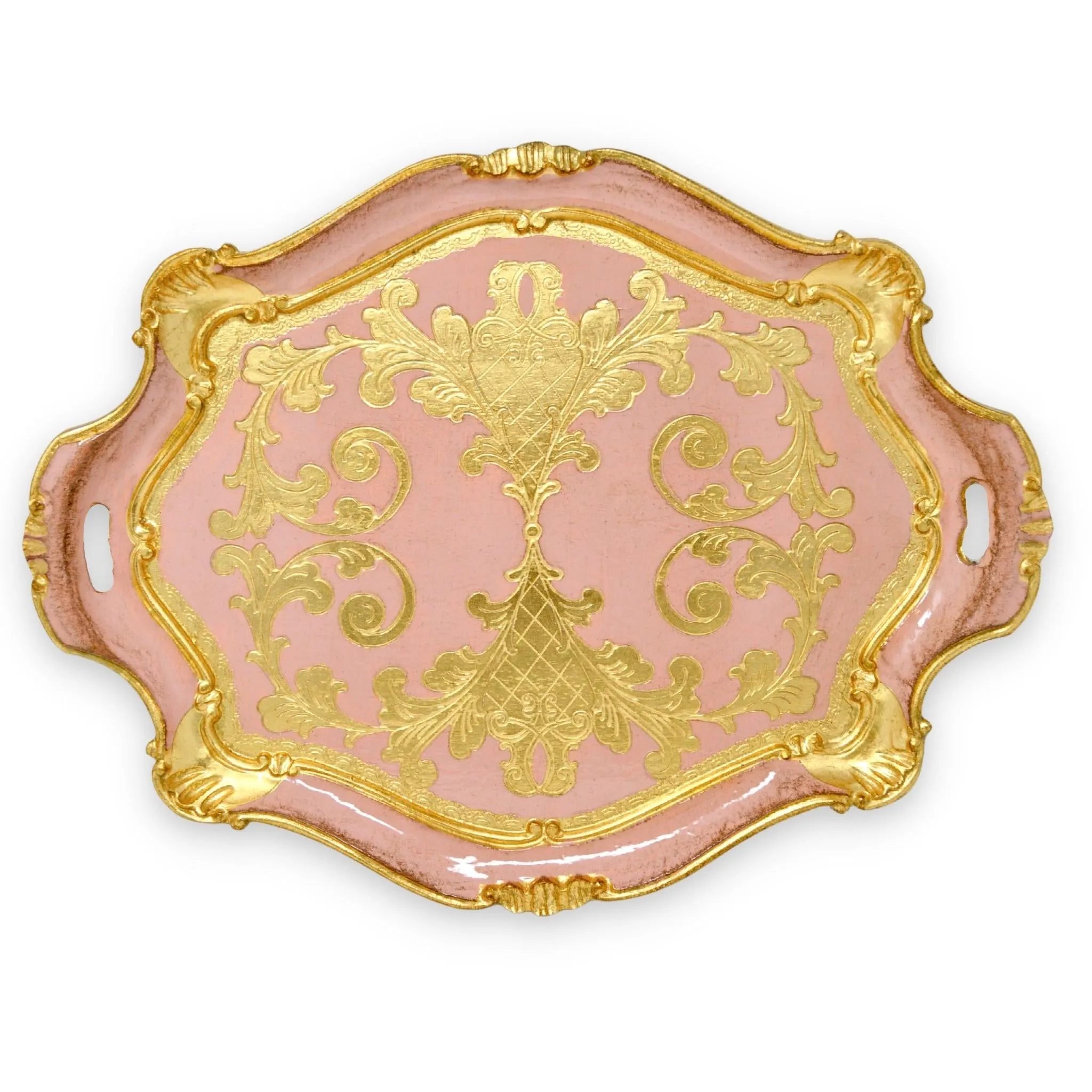 Florentine Carved Oval Scalloped Wood Tray with Handles