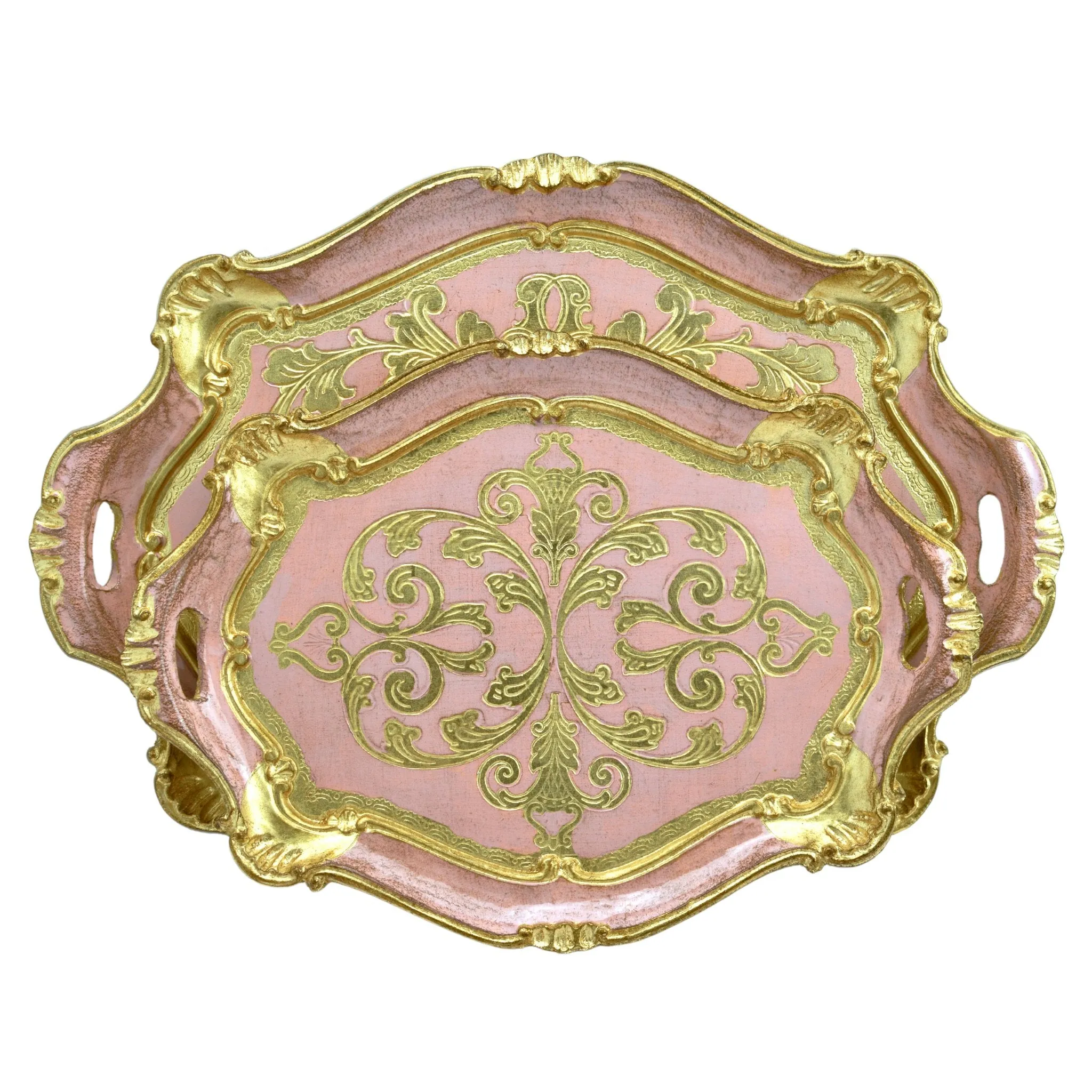 Florentine Carved Oval Scalloped Wood Tray with Handles