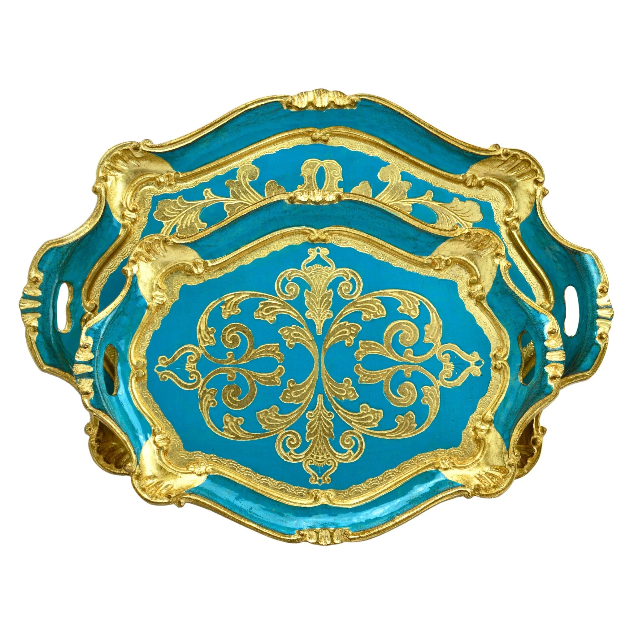 Florentine Carved Oval Scalloped Wood Tray with Handles