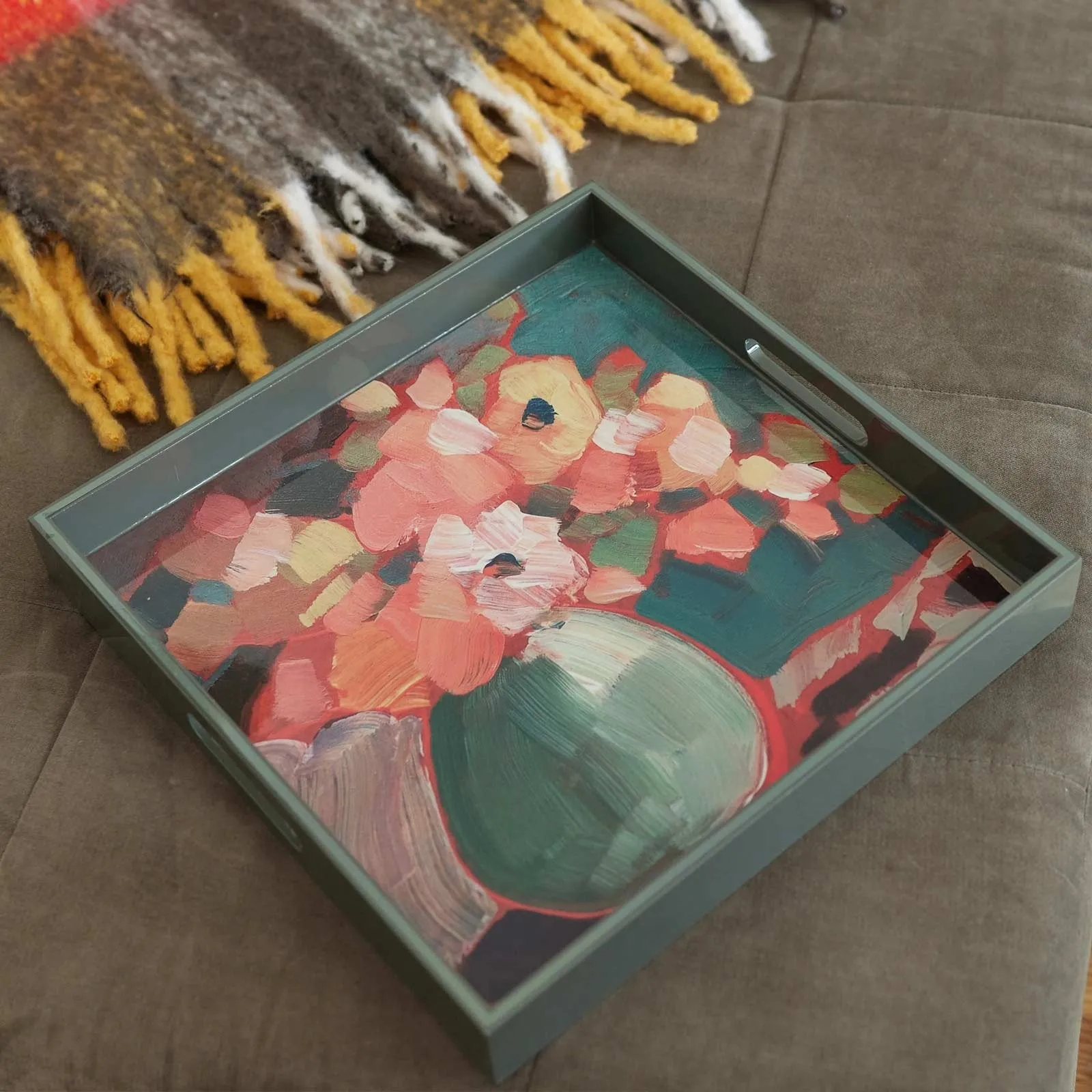 Flowers In Vase 15 Inch Square Lacquer Art Serving Tray