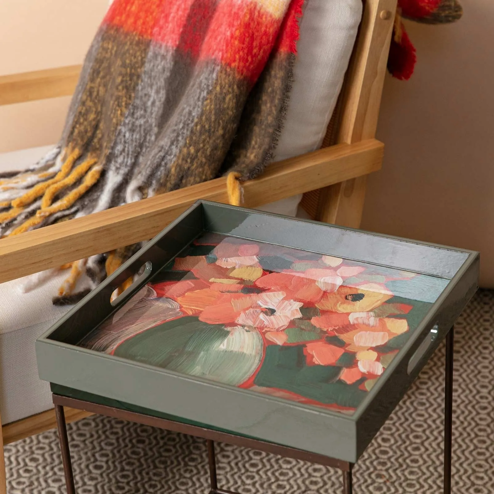 Flowers In Vase 15 Inch Square Lacquer Art Serving Tray