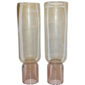 Formia 1990s Italian Pair of Soft Pink & Gold Crystal Murano Glass Round Vases