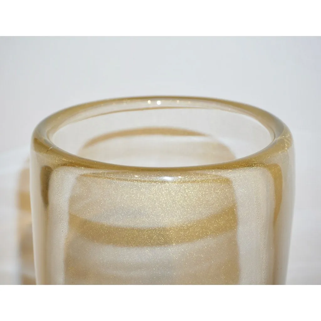 Formia 1990s Italian Pair of Soft Pink & Gold Crystal Murano Glass Round Vases