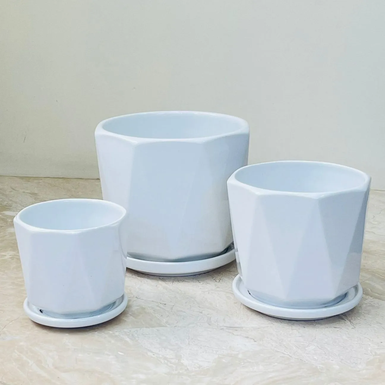 Geometric White Ceramic Planter Set Of 3