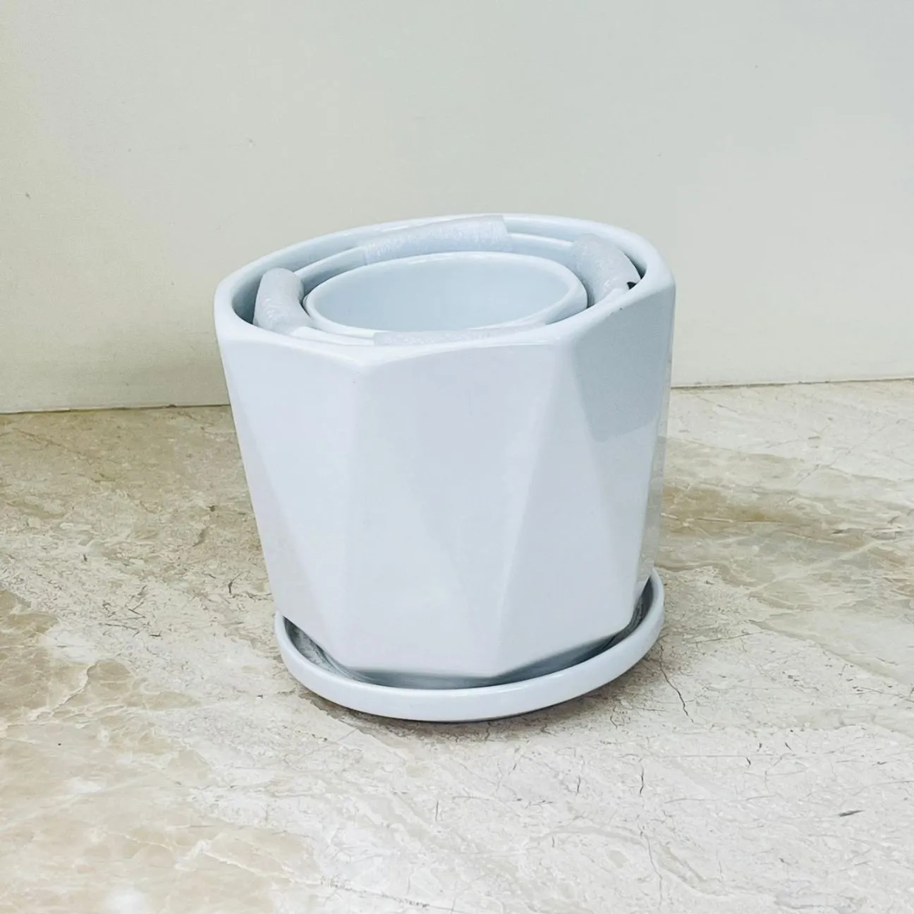 Geometric White Ceramic Planter Set Of 3