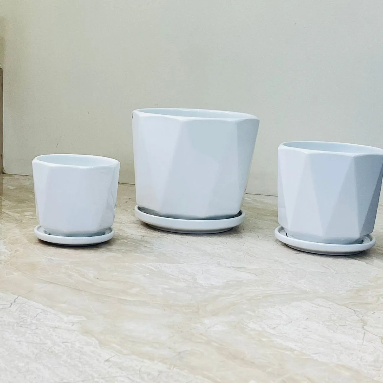 Geometric White Ceramic Planter Set Of 3