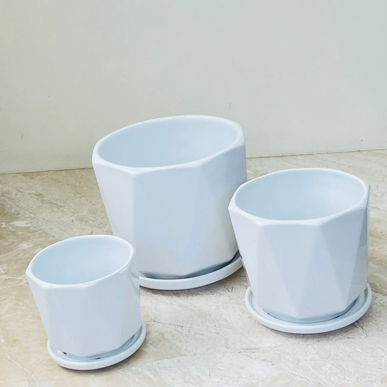 Geometric White Ceramic Planter Set Of 3