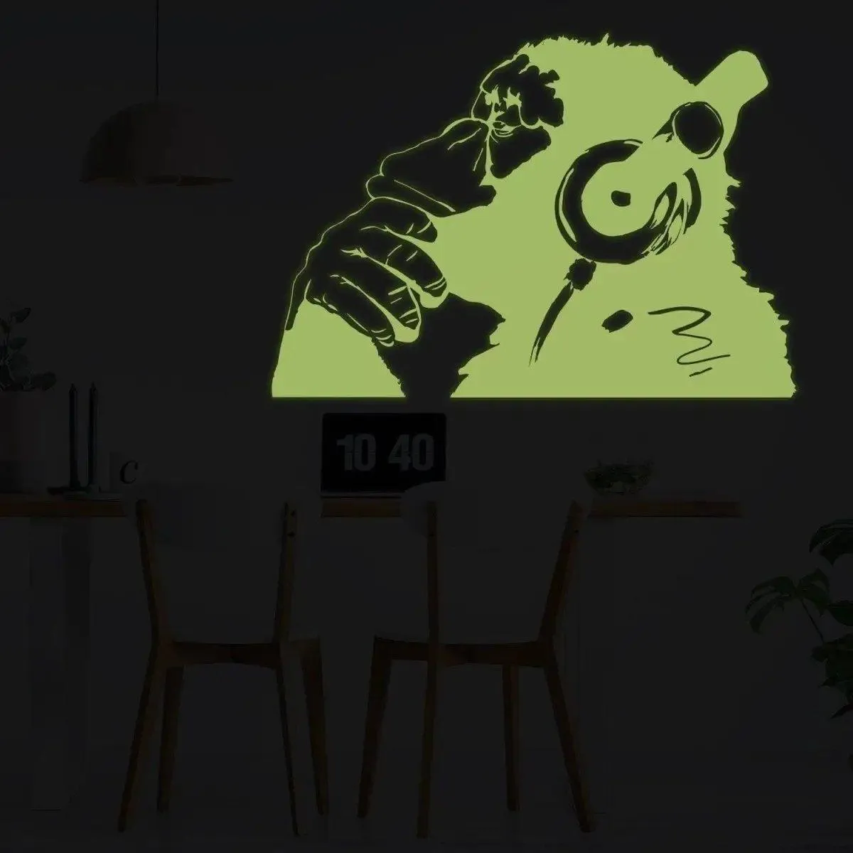 Glowing Vinyl Wall Decal: Monkey With Headphones - Luminescent Graffiti Sticker