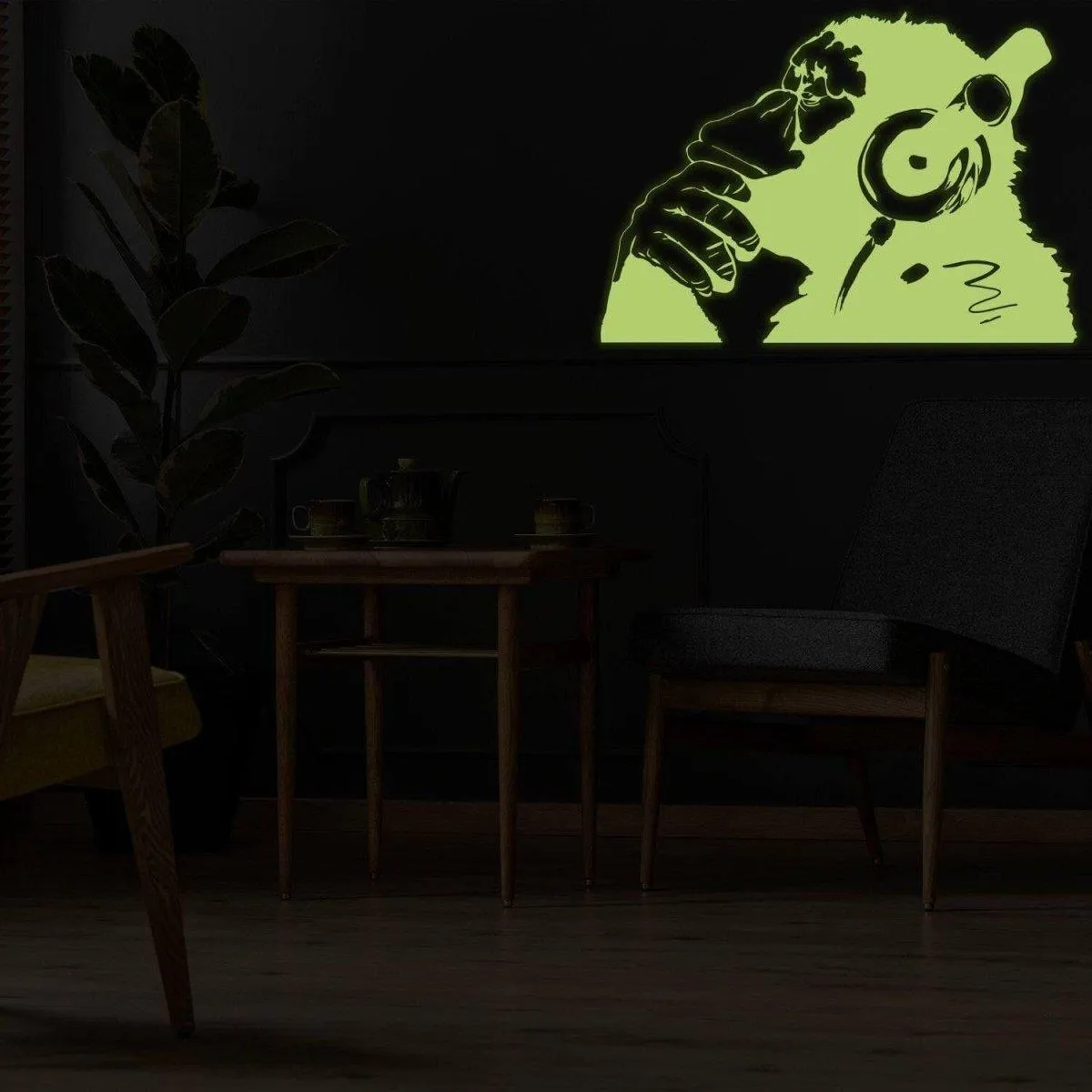 Glowing Vinyl Wall Decal: Monkey With Headphones - Luminescent Graffiti Sticker