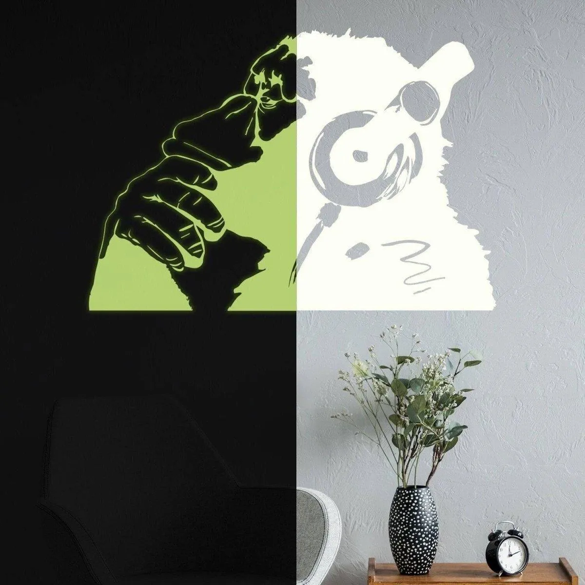 Glowing Vinyl Wall Decal: Monkey With Headphones - Luminescent Graffiti Sticker