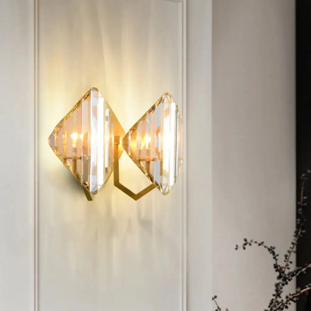 Gold Crystal Rhombus Wall Mount Lamp: Post-Modern 1/2-Bulb Lighting Fixture