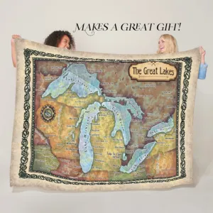 Great Lakes Minnesota Wisconsin Michigan Ohio Canada Map Blanket Double Stitched Edges Luxury Fluffy Super Soft Polyester Throw Blanket