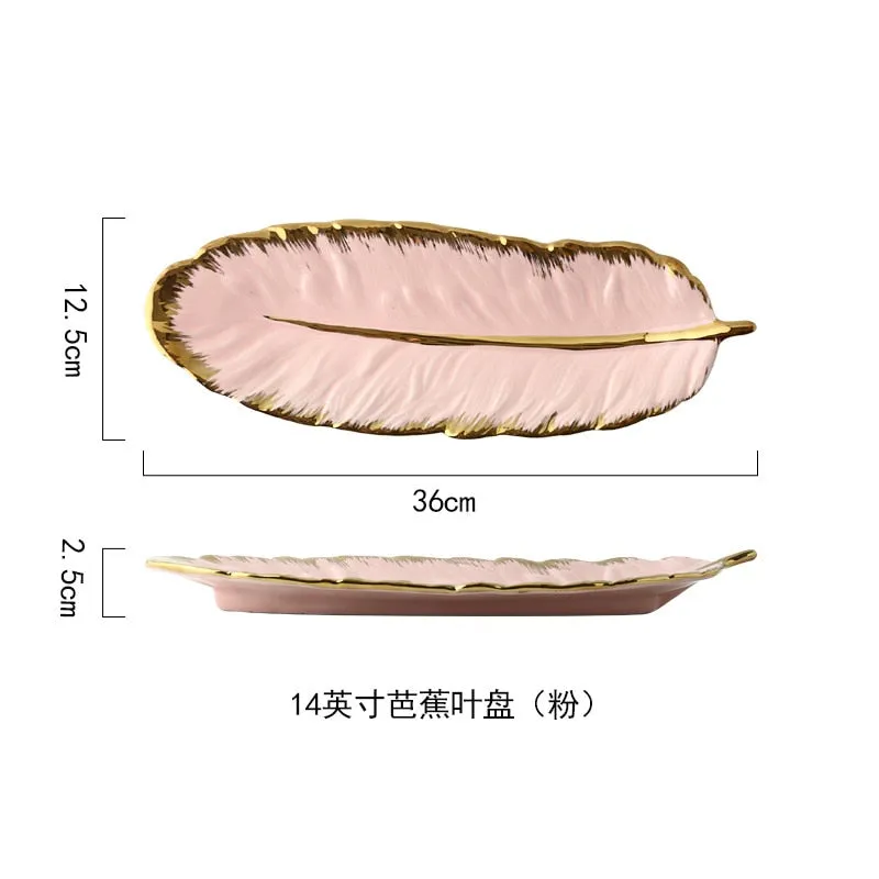 Green Leaf Design Ceramic Storage Tray With Gold Rim For Jewelry and Makeup, Brush Storage, As A Sushi Plate