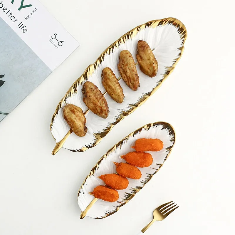 Green Leaf Design Ceramic Storage Tray With Gold Rim For Jewelry and Makeup, Brush Storage, As A Sushi Plate