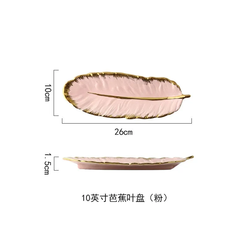 Green Leaf Design Ceramic Storage Tray With Gold Rim For Jewelry and Makeup, Brush Storage, As A Sushi Plate