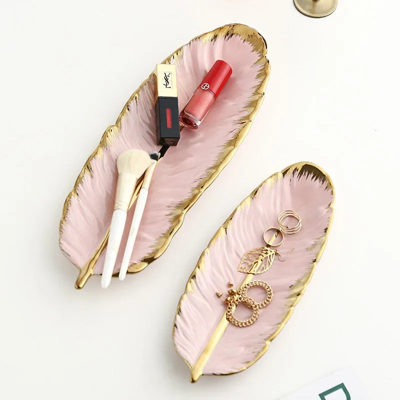 Green Leaf Design Ceramic Storage Tray With Gold Rim For Jewelry and Makeup, Brush Storage, As A Sushi Plate