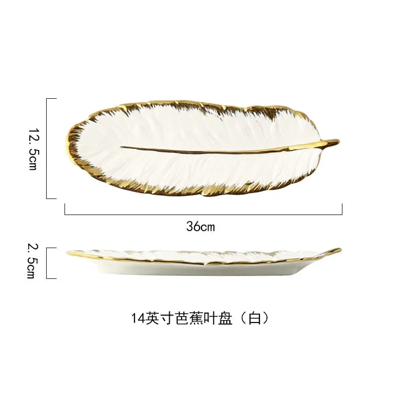 Green Leaf Design Ceramic Storage Tray With Gold Rim For Jewelry and Makeup, Brush Storage, As A Sushi Plate