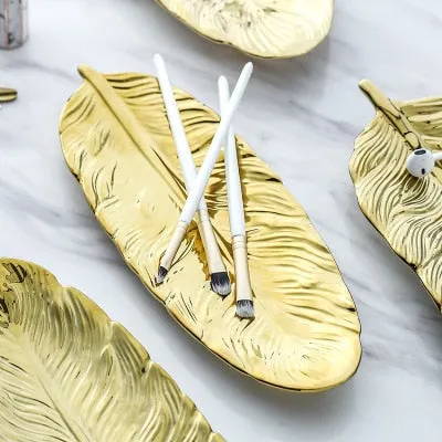 Green Leaf Design Ceramic Storage Tray With Gold Rim For Jewelry and Makeup, Brush Storage, As A Sushi Plate