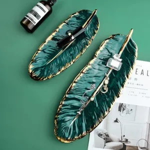 Green Leaf Design Ceramic Storage Tray With Gold Rim For Jewelry and Makeup, Brush Storage, As A Sushi Plate