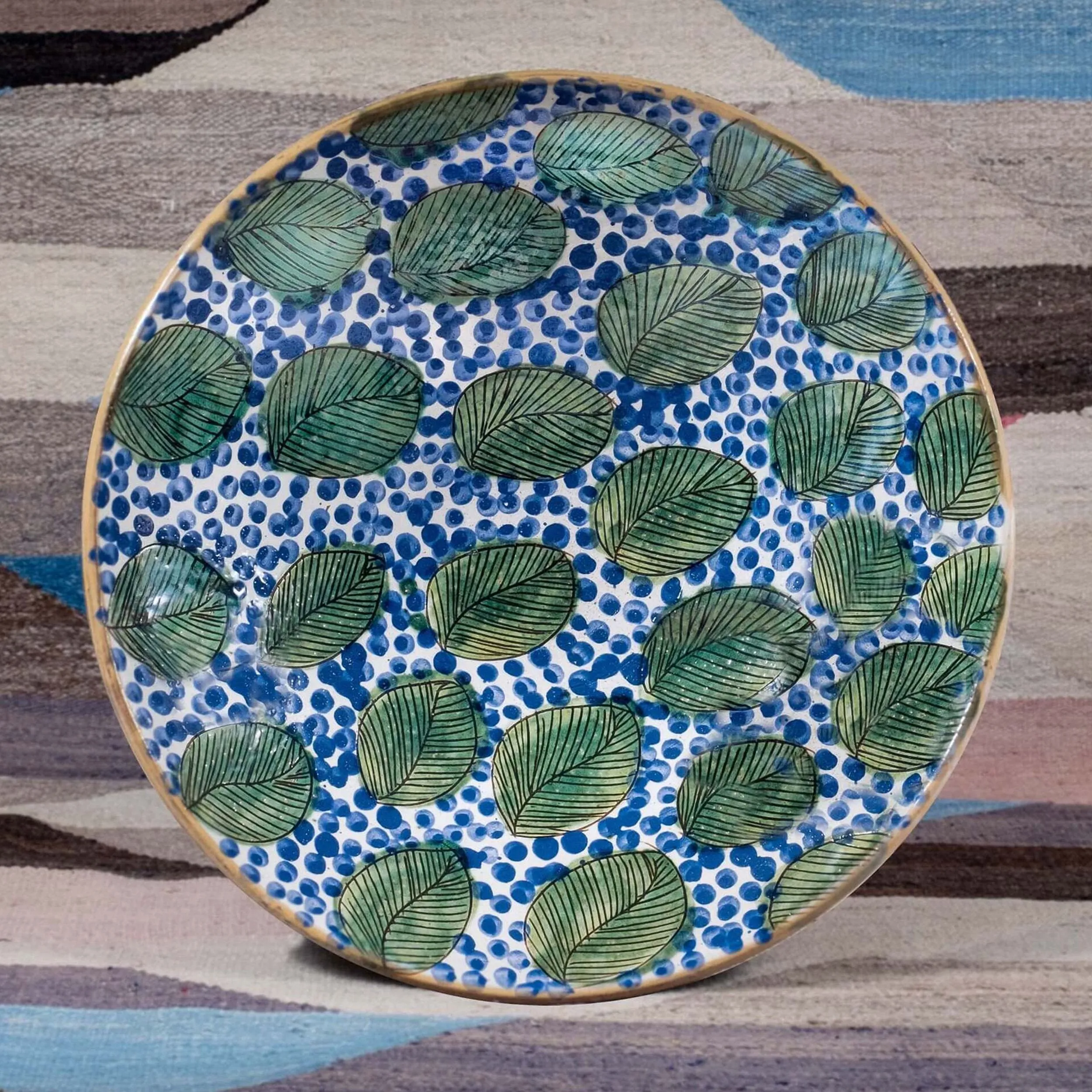 Green Leaves Blue Serving Bowl