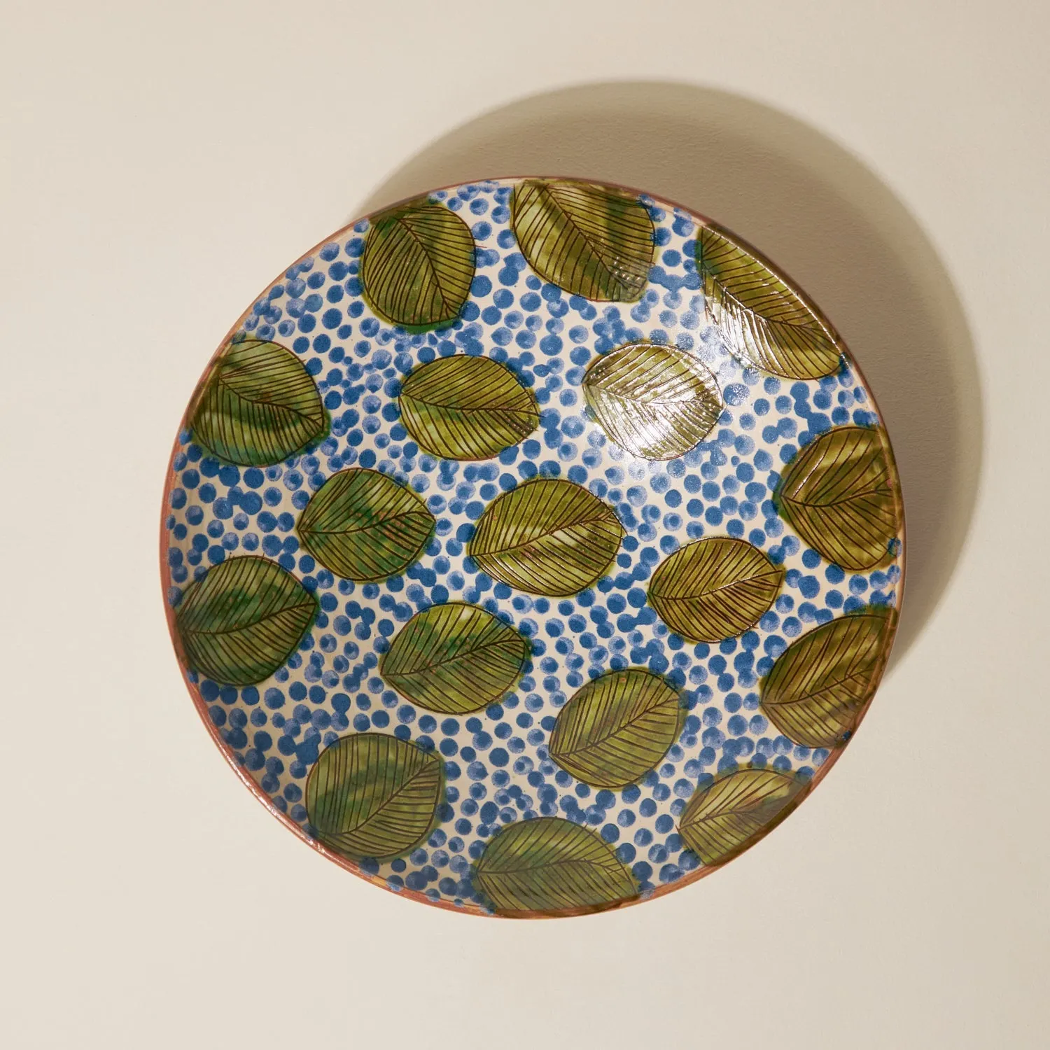 Green Leaves Blue Serving Bowl