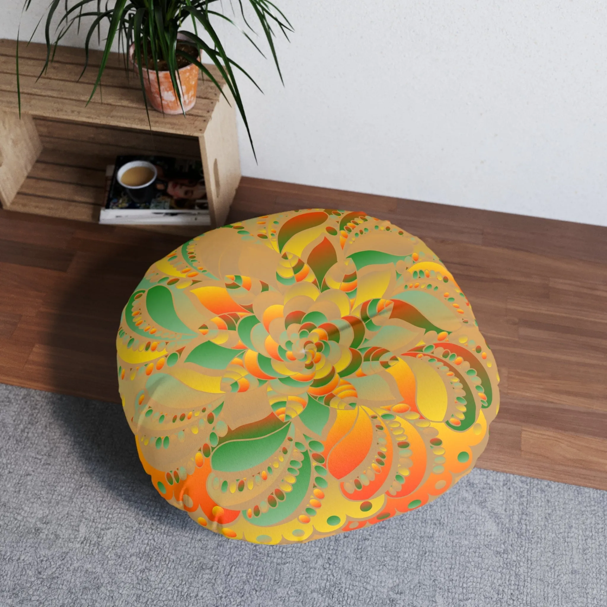 Hand-drawn Mandala Art Tufted Floor Pillow - Round Dune