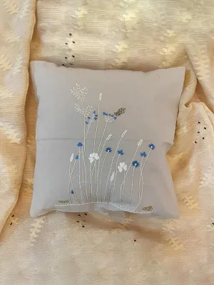 Hand Embroidered with Blue Flowers Cushion Cover