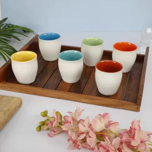 Handcrafted Matt Ceramic Tumblers (Set of 6, White and Multicolor, 170 ml each)