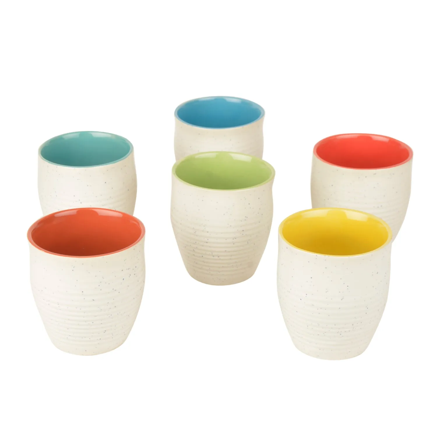 Handcrafted Matt Ceramic Tumblers (Set of 6, White and Multicolor, 170 ml each)