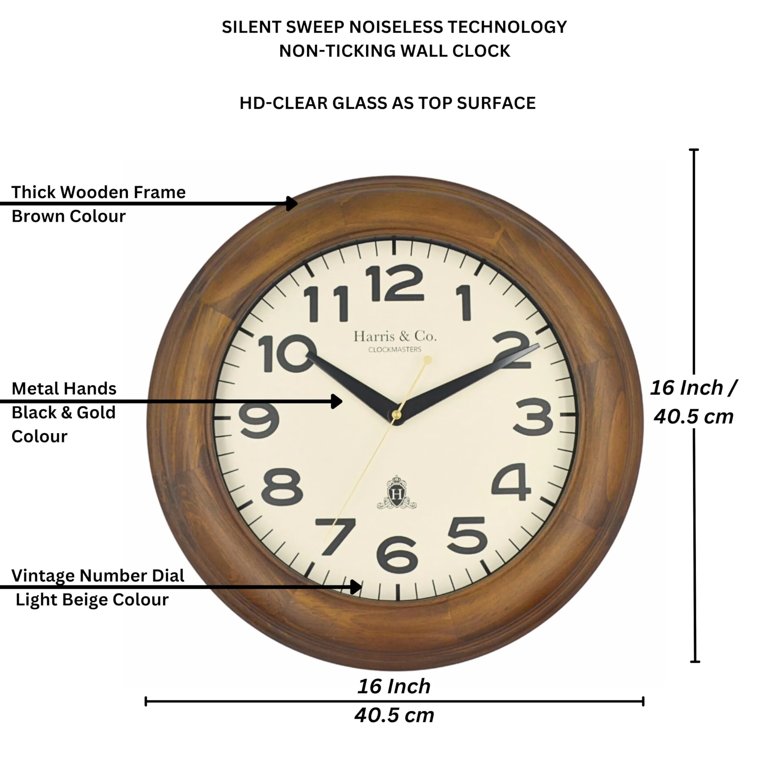 HARRIS & CO. CLOCKMASTERS Luxury Vintage Classic Design Analog Wall Clock- 16 Inch (Thick Wooden Teak Frame & Hd Clear Glass) (Silent Sweep Noiseless Technology) Model - PORTOBELLO ROAD