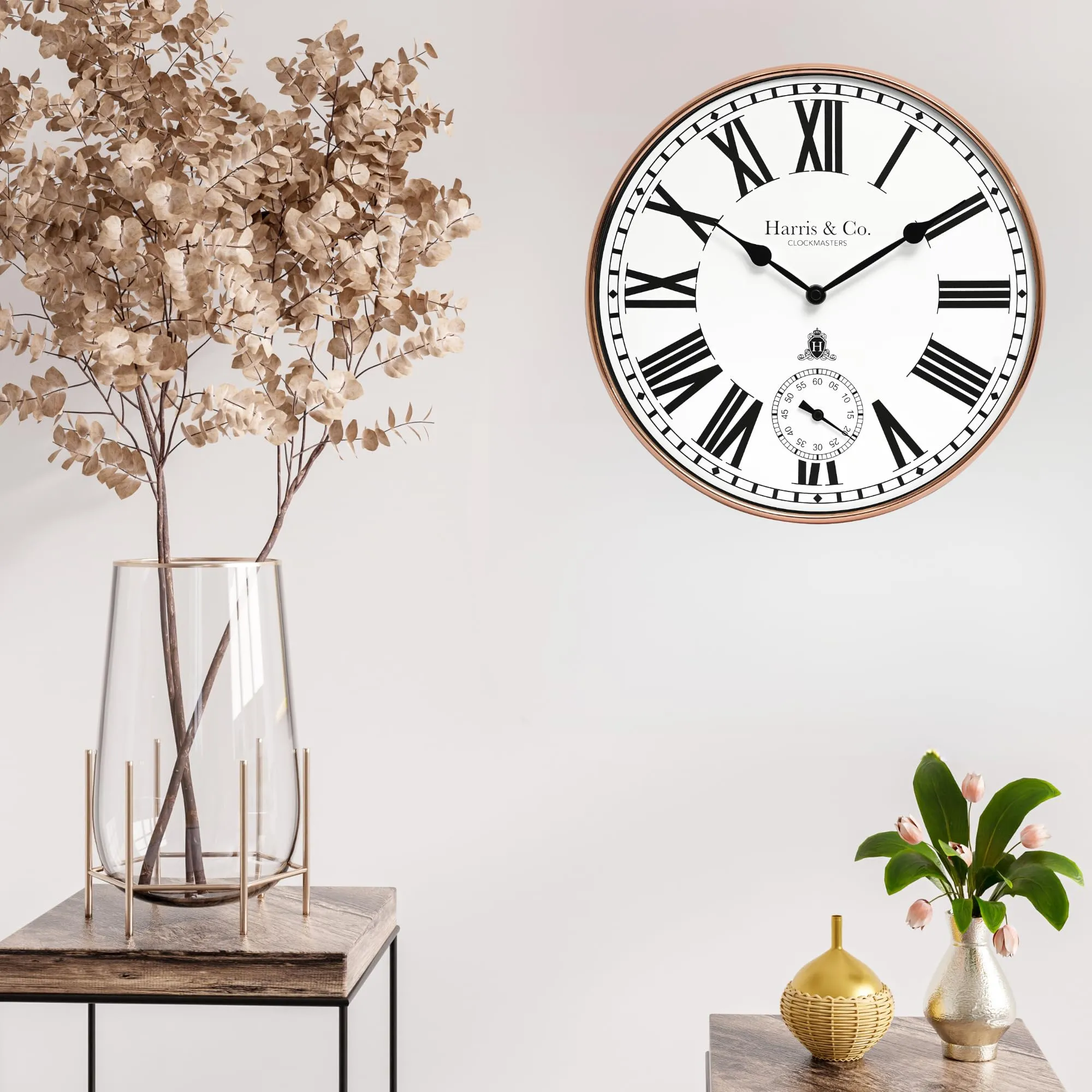 HARRIS & CO. CLOCKMASTERS Premium Metal Analog Wall Clock with Sub-Second Dial (12 Inch) (Rosegold, with HD Clear Curved Glass)(Silent Sweep Movement Technology)(Fleet Street in Rose)