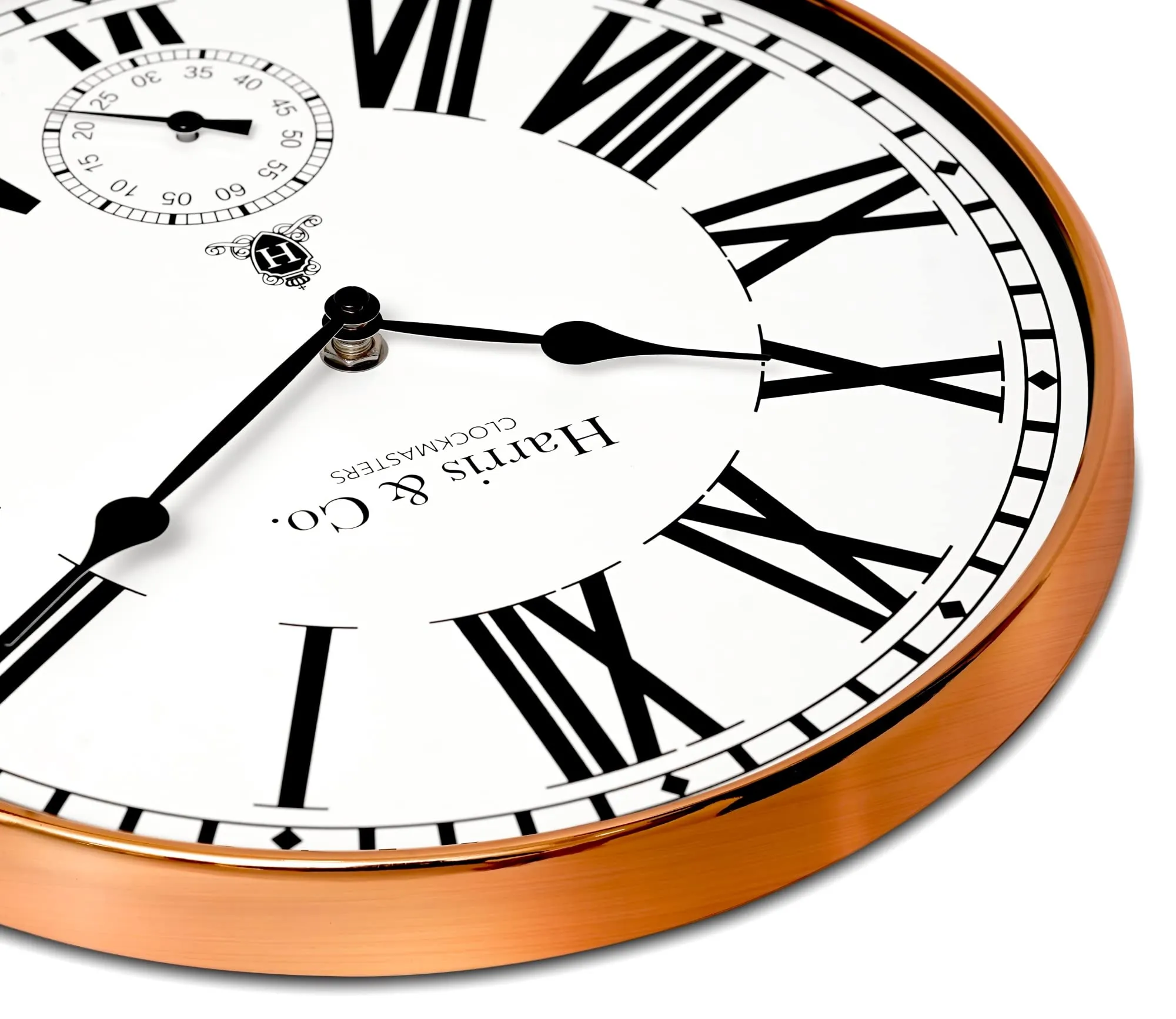 HARRIS & CO. CLOCKMASTERS Premium Metal Analog Wall Clock with Sub-Second Dial (12 Inch) (Rosegold, with HD Clear Curved Glass)(Silent Sweep Movement Technology)(Fleet Street in Rose)