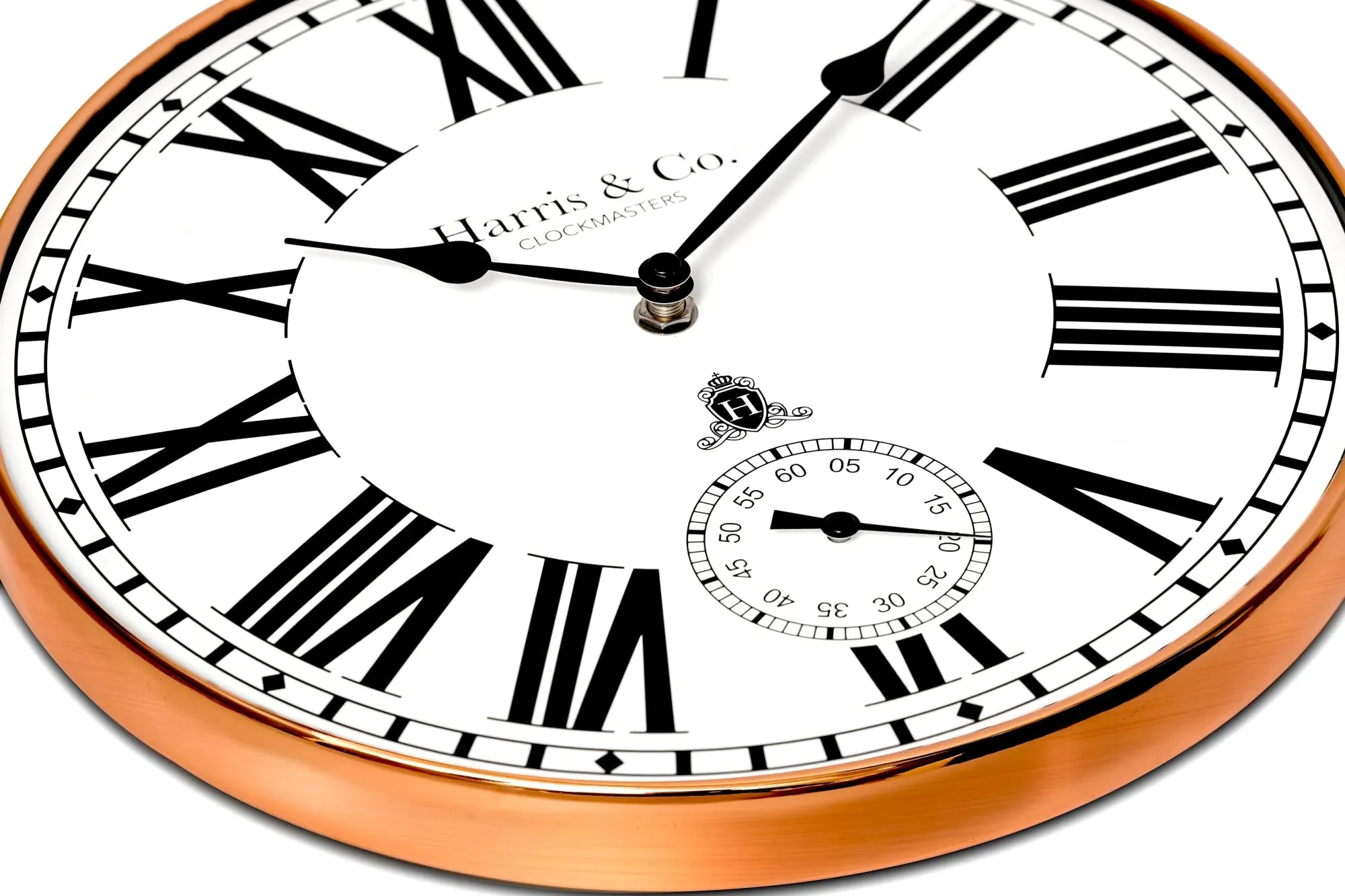 HARRIS & CO. CLOCKMASTERS Premium Metal Analog Wall Clock with Sub-Second Dial (12 Inch) (Rosegold, with HD Clear Curved Glass)(Silent Sweep Movement Technology)(Fleet Street in Rose)