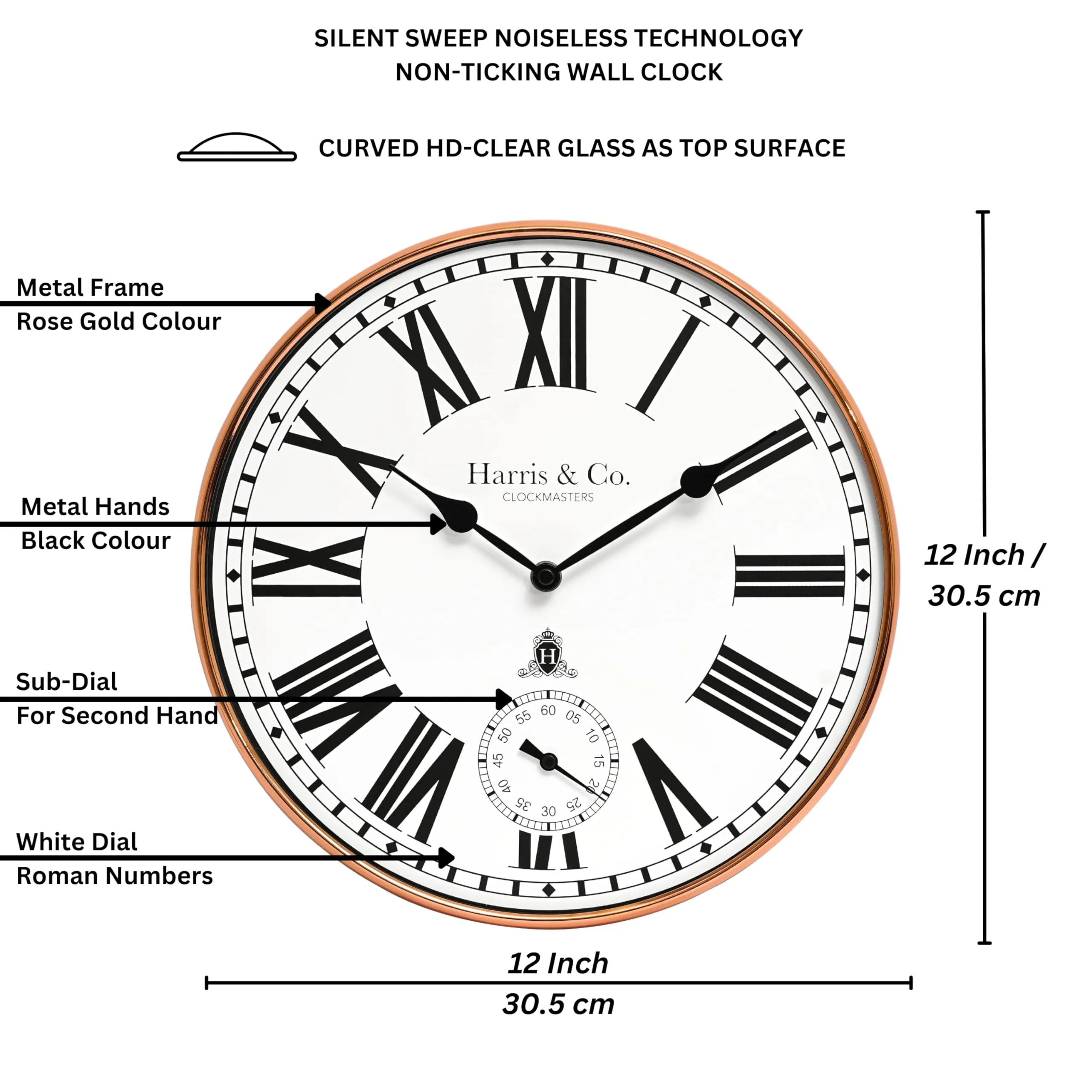 HARRIS & CO. CLOCKMASTERS Premium Metal Analog Wall Clock with Sub-Second Dial (12 Inch) (Rosegold, with HD Clear Curved Glass)(Silent Sweep Movement Technology)(Fleet Street in Rose)