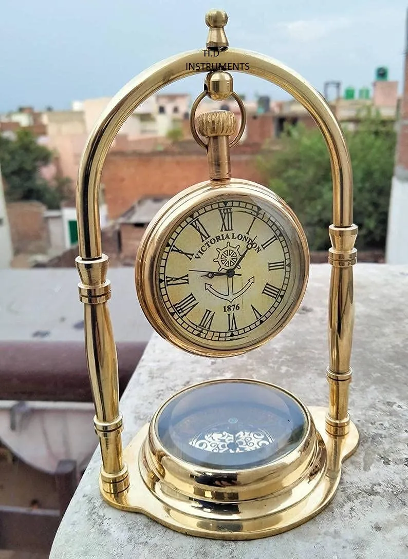 Home Decor Instrument Desk Clock/Table Clock, for Study Table with Direction Compass/for, Office, Table Room, Decor Compass Clock Decorative Brass Clock for Desk Shelves Hanging Clock